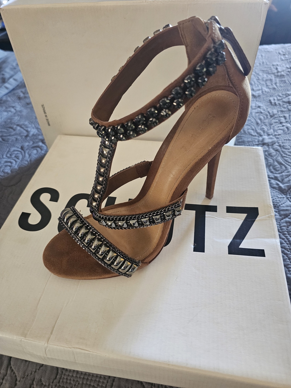 SCHUTZ Brown Suede Crystal T-Strap High Heel Sandals